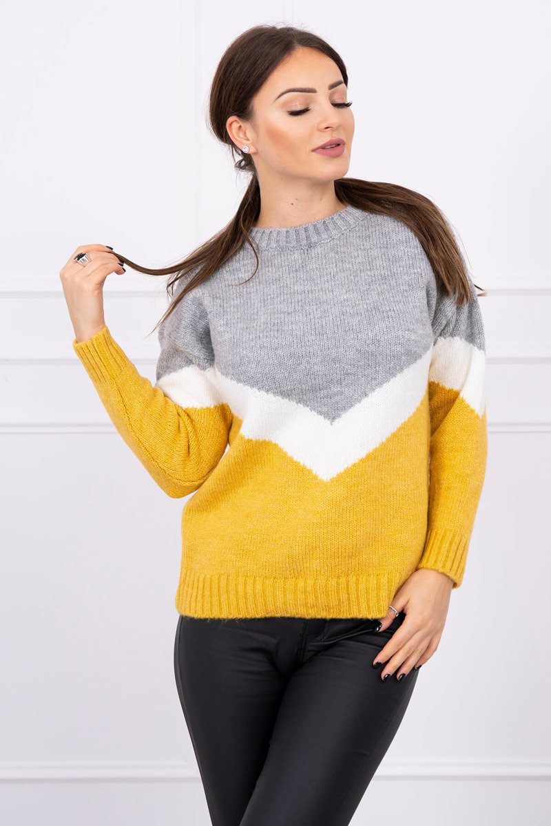 Dámsky sveter s geometrickými vzormi sivý-horčicový
